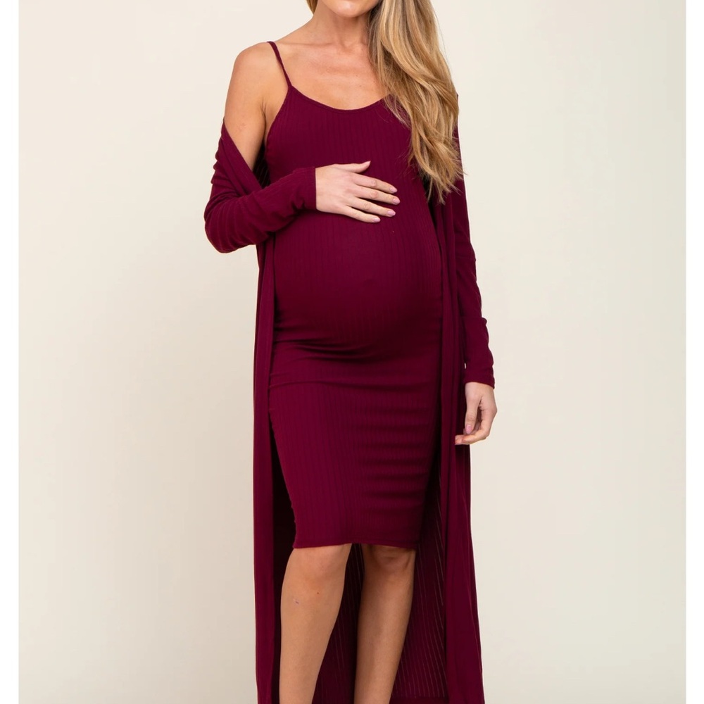 Pinkblush Ribbed Cardigan Burgundy 2 Piece  Maternity Dress set